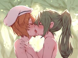 07th_expansion 2girls bangs blush closed_eyes female female_only french_kiss green_hair higurashi_no_naku_koro_ni orange_hair ponytail ryuuguu_rena saliva senmura short_hair sonozaki_mion young yuri