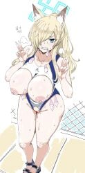 absurdres animal_ear_fluff animal_ears blonde_hair blue_archive blue_eyes blue_halo breasts commentary_request competition_swimsuit condom condom_in_mouth dog_ears double_v extra_ears female hair_over_one_eye halo highleg highleg_one-piece_swimsuit highres kanna_(blue_archive) kanna_(swimsuit)_(blue_archive) large_breasts long_hair morimoto_kiyona mouth_hold notched_ear official_alternate_costume one-piece_swimsuit ponytail solo swimsuit used_condom v white_one-piece_swimsuit