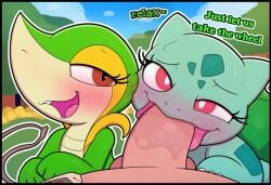 ai_generated bedroom_eyes blush bodily_fluids border bulbasaur collaborative collaborative_fellatio collaborative_sex duo_focus elemental_creature english_text erection eyelashes faceless_character faceless_male fellatio female feral first_person_view generation_1_pokemon generation_5_pokemon genitals green_body group group_sex half-closed_eyes hellsonger hi_res human human_on_feral humanoid_genitalia humanoid_penis interspecies licking looking_at_viewer male male/ambiguous male/female male_on_feral male_penetrating male_pov mammal narrowed_eyes nintendo open_mouth oral outside penetration penile penis penis_lick plant pokemon pokemon_(species) pokephilia red_eyes reptile saliva saliva_on_penis scalie seductive sex smile snivy sweat text tongue tongue_out trio zoophilia