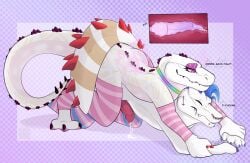 absurd_res alligator alligatorid anal anthro athletic blue_body blue_fur bodily_fluids caiman clothing collar crocodile crocodilian cum cum_inside dogbytestudios duo english_text eyelashes fur genital_fluids hi_res jewelry knotting legwear makeup male multicolored_body nonbinary_(lore) pink_body profanity reptile scalie spikes text thigh_highs