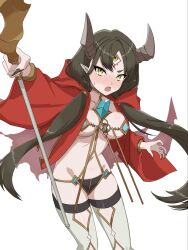 curvy duel_masters embarrassed fiona_(duel_masters) full-face_blush holding_staff medium_breasts open_mouth revealing_clothes sweatdrop thick_thighs upper_teeth_only wide_hips