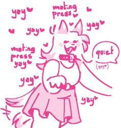 anthro belt belt_buckle biped bottomwear buckle canid canine canis clothing collar cute_fangs dialogue domestic_dog fangs female hair heart_symbol line_art long_hair mammal monochrome pink_and_white pinkshinyhorns pointy_ears prick_ears shirt skirt solo speech_bubble tail tail_motion tailwag tank_top teeth text topwear yay