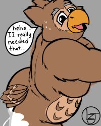 4:5 anthro avian bird bodily_fluids cum cum_in_ass cum_inside english_text genital_fluids hi_res loserjzure lying male on_front overweight overweight_male owl solo text