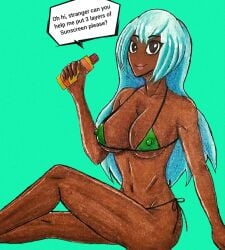 1girls big_breasts bikini bikini_bottom bikini_top breasts breasts_out brown_body crypticwicked7 dark-skinned_female dark_skin dialogue dolly_dimpley female large_breasts looking_at_viewer offering offering_to_viewer posing smiling smiling_at_viewer smiling_friends smiling_friends_self_inserts sunscreen tagme text text_bubble