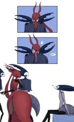 4girls abdomen_tail ant_girl ant_humanoid anthro_on_anthro blue_blush boopie_(artist) bug bug_girl closed_eyes flat_chest foursome hollow_knight hollow_knight:_silksong karmelita kissing mantis mantis_lord multiple multiple_females multiple_girls naked_female nude red_skin silksong sitting_on_bed thick_thighs wholesome yuri ♡