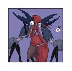 4girls abdomen_tail ant_girl ant_humanoid anthro_on_anthro boopie_(artist) bug bug_girl closed_eyes flat_chest foursome grabbing_from_behind heart hollow_knight hollow_knight:_silksong karmelita kissing lifting_skirt mantis mantis_lord multiple multiple_females multiple_girls red_skin silksong thick_thighs yuri ♡
