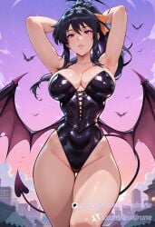 ai_generated akeno_himejima anime bat_wings bedroom_eyes black_hair demon_tail female floating from_below high_school_dxd illustration large_breasts leather_straps lewdrune long_hair ponytail purple_eyes rooftop skyline solo succubus tail