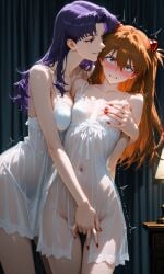 ai_generated asuka_langley_sohryu blush breast_grab breasts flustered hand_on_breast misato_katsuragi neopn_genesis_evangelion nightgown touching_pussy