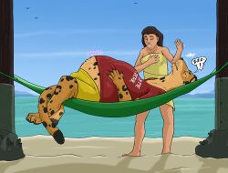 ambient_bird anthro anthro_pred beach belly big_belly black_hair brown_body brown_eyes brown_fur bulge duo felid female female_human fully_inside fur hair hammock hi_res human leopard lying male male/female male_anthro male_pred mammal markings on_back outside pantherine retractable_claws rumbling_stomach sand sea semi-anthro slap spots spots_(strega) spotted_body spotted_fur strega tail vore water whiskers