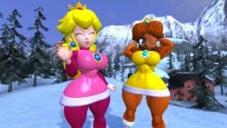 2girls 3d 3d_(artwork) alternate_version_available big_breasts big_thighs blonde_hair blue_eyes breasts brooch closed_eyes clothed clothing crown curvy dark-skinned_female dark_skin duo earrings female female_only flower_earrings freckles ginger_hair hands_behind_head kabalmystic_(style) light-skinned_female light_skin lips lipstick long_hair mario_(series) nail_polish nintendo one_eye_closed outdoors pink_lipstick pink_nail_polish pink_nails princess_daisy princess_peach shoulder_length_hair snow thhypercombine12 thick thick_hips thick_thighs thighs wide_hips wink winter_clothes winter_uniform