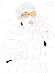 1boy black_and_white blowjob_face blowjob_gesture blush blush_lines coat collared_shirt condom curly_hair disaste1960713 drool george_karizaki glasses glasses_chain hand_gesture holding_condom kamen_rider kamen_rider_revice_(series) lab_coat looking_at_viewer male male_focus male_only orange_glasses short_hair sketch solo striped_shirt sweat sweatdrop tongue tongue_out