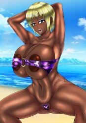 armpits arms_up beach blonde_hair blue_eyeshadow dark-skinned_female dark_skin huge_breasts huge_nipples leopard_print_bikini looking_at_viewer muscular_female ocean open_mouth overflowing_breasts squatting tan_body tan_skin thick_thighs tongue_out venus_body