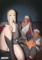 1boy 2girls adult_and_teenager age_difference bangs bare_breasts big_breasts black_eyes blonde_hair blue_eyes blunt_bangs bob_cut bra breast_focus breasts breasts_bigger_than_head closed_mouth dark-skinned_female dress expressionless female female_only fishnets flashing flashing_breasts hourglass_figure interracial karui kimono kumogakure_symbol kunoichi large_breasts light-skinned_female light_skin looking_at_viewer massive_breasts mature mature_female mesh mesh_shirt milf naruto naruto_(series) naruto_shippuden nature ninja no_bra no_bra_under_clothes older_female_and_younger_female older_female_and_younger_male omoi oppai pale-skinned_female pale_skin panties pinup plump presenting presenting_breasts red_hair sagging_breasts samui sash serious serious_look short_hair solo solo_focus teacher_and_student toothpick underwear upper_body voluptuous voluptuous_female wafuku white_hair wide_hips yellow_eyes yellow_hair zanzagen