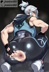 ai_generated alternate_muscle_size anal_fluid anus ass ass_cutout ass_focus back belt biceps black_gloves blue_eyes blue_hoodie bodysuit breasts cameltoe clothing cropped_hoodie cropped_jacket earrings female fingerless_gloves footwear from_behind gloves grey_hair hood hood_down hooded_jacket hoodie huge_ass jacket jennieart02 jett_(valorant) jewelry large_breasts looking_at_viewer looking_back muscular muscular_female no_panties pants patreon_username ponytail puckered_anus pussy pussy_juice pussy_juice_drip_through_clothes pussy_peek riot_games shoes sleeveless sleeveless_jacket sneakers solo spread_anus spread_ass squatting steaming_body sweat toned torn_clothes vagina valorant white_hair