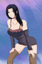 1girls bare_shoulders bent_over big_breasts black_eyes blue_hair bottomless bra breasts choker cleavage clothing el_profanador_3 female female_only hands_on_thighs legwear long_hair long_sleeves looking_at_viewer milf mother naruto naruto_(series) naruto_shippuden no_panties partially_clothed pussy shirt shirt_down smile standing stockings uchiha_mikoto vagina