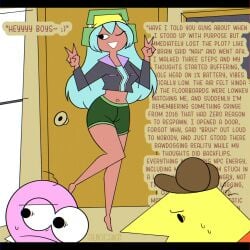 ass big_ass big_breasts breasts brown_body charlie_(smiling_friends) comic comic_page comic_panel dark-skinned_female dark_skin dialogue dialogue_box dolly_dimpley female funny hat headphones male navel office pim_(smiling_friends) sketch smiling_friends smiling_friends_self_inserts sukicake tagme text text_bubble