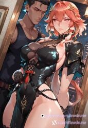 1boy ai_generated anime beads changli_(wuthering_waves) dark-skinned_male dark_skin dutch_angle faceless_male female gloves illustration interracial large_breasts lewdrune long_hair one_eye_closed orange_hair red_eyes standing very_dark_skin wuthering_waves