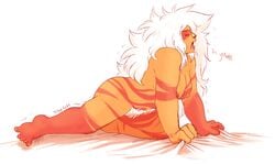 1girls bed breasts cartoonlion closed_eyes female female_only gem gem_(species) happy_trail jasper_(steven_universe) motion_lines muscular_female nipples onomatopoeia orange_skin pubic_hair steven_universe stretching thick_thighs white_hair yawn