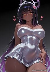 2025 ai_generated alternate_costume anime bangs bare_shoulders black_background black_hair blue_archive blush breasts cleavage closed_mouth covered_navel crossover dark-skinned_female dark_skin dress eye_contact female female_focus female_only flushed gradient gradient_background gradient_hair hair_accessory hair_ornament halo hand_on_hip heart highres huge_breasts karin_(blue_archive) karin_\\\\\\\\(blue_archive\\\\\\\\) large_breasts long_hair looking_at_viewer looking_down multicolored_hair neutral_expression nsfw patreon purple_hair rognezart shiny shiny_skin short_dress solo strapless strapless_dress thick_thighs thighs very_long_hair white_dress yellow_eyes