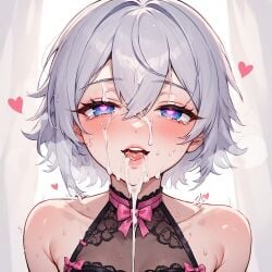 1boy adorable after_sex aftermath ahe_gao ai_generated best_quality blowjob blue_eyes blush bow choker close-up crossdressing cum cum_drip cum_in_mouth cum_on_face cum_string cute detailed_background drool explicit face_closeup facial femboy feminine_male girly_boy grey_hair heart heart-shaped_pupils highres kawaii lace lingerie looking_at_viewer masterpiece open_mouth original_character otoko_no_ko paocomq saliva short_hair sil_pol solo tears tongue tongue_out trap