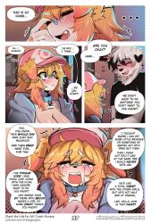 absurd_res anthro big_breasts blue_(breedypupper) bodily_fluids breasts breedypupper comic crying dialogue duo emotional emotional_damage english_text female fur furry greeting hi_res jackie_(breedypupper) male nintendo pokemon sad tears text url