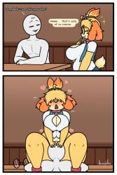 1boy 1girls animal_crossing anthro biped blonde_hair blush breasts canid canine canis closed_eyes clothed clothing comic cunnilingus derpybelle detailed_background dialogue domestic_dog duo english_text eyelashes eyewear female front_view glasses hair hair_over_eyes heart_symbol hi_res human human_on_anthro inside instant_loss_2koma interspecies isabelle_(animal_crossing) jhenightfox looking_pleasured male male/female male_human/female_anthro mammal oral sex shih_tzu shirt smile speech_bubble text thick_thighs topwear toy_dog vaginal_penetration yellow_body