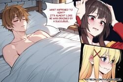 ai_generated bed bed_sheet black_hair blonde_hair blue_eyes blush closed_eyes crying darkness_(konosuba) embarrassed english_text fatest_squirrel from_above guy_tired_after_sex_(meme) hair_ornament hand_on_own_head kono_subarashii_sekai_ni_shukufuku_wo! large_breasts long_hair looking_down looking_to_the_side mature_female megumin parted_lips red_dress red_eyes satou_kazuma short_hair short_hair_with_long_locks simple_eyes straight_hair stubble under_covers wavy_mouth yellow_shirt