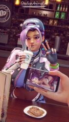 1boy antifragile_slay_star artist_name ass backwards_hat baseball_cap bed blacked blacked_(phrase) blacked_female bone bracelet braid brand_name_imitation breasts cafe casual cellphone chocolate_chip_cookie clothes_writing coffee comparison cookie cum cum_on_body cup dark dark-skinned_female dark-skinned_male dark_skin disposable_coffee_cup disposable_cup drink drinking dutch_angle earrings english_text eyelashes eyeliner eyeshadow facial facial_mark female fingerless_gloves fingernails fishnet_leotard fishnets food gladionanimated gloves group_sex hat highres holding indoors interracial jacket jewelry juxtaposition large_breasts le_sserafim leotard lips lipstick looking_at_viewer lying makeup mascara menu mmf_threesome mole mole_under_eye muscular navel nose nude official_alternate_costume overwatch panties penis phone polish_text pov pov_hands pulling purple_eyes purple_hair race_fetishism screen sex sign sitting slay_star_sombra smartphone solo solo_focus sombra straight table tattoo thighs third-party_source thong threesome top-down_bottom-up undercut underwear unzipped v viewer_holding_phone x_(symbol) x_facial_mark zipper