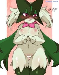 absurd_res anthro areola ass blush bodily_fluids breasts butt_from_the_front censored felid feline female female_anthro fur generation_9_pokemon genitals green_body green_fur hi_res hitsuji_cookie index_to_index looking_aside mammal medium_breasts meowscarada nintendo nipples nude pokemon pokemon_(species) solo sweat text thigh_gap vulva