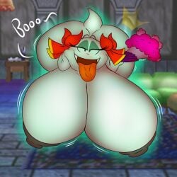 1girls ball_with_boobs ball_with_hyper_features bedroom_eyes boo_(mario) dialogue female_only ghost ghost_girl gigigo holding_fan holding_object huge_breasts hyper hyper_ass hyper_breasts hyper_butt lady_bow looking_at_viewer mario_(series) mario_bros massive_ass massive_breasts paper_mario paper_mario_(2000) solo_female stubby_arms tongue_out