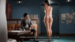 1boy 3d ahe_gao aroused ass_focus athletic_female big_ass blender blue_dress chitose_fujinomiya cleavage couch cowgirl_position curvy female female_on_top from_behind halterneck highres huge_ass ichiban_kasuga indoors large_breasts like_a_dragon_(series) like_a_dragon_infinite_wealth living_room looking_back muscular_male open_mouth orgasm penetration ponytail realistic riding seductive_smile sex short_dress staircase straddling straight sweat thick_thighs vaginal_penetration