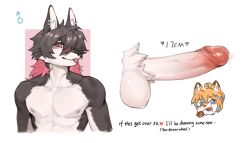 2026 anthro balls big_penis black_body black_fur black_hair blep blue_highlights blush canid canine circumcised clothed clothing crotch_tuft cum_dripping_from_penis duo ear_piercing english_text expression_avatar eye_through_hair eyebrow_through_hair eyebrows fur gender_symbol genitals glans glistening glistening_balls glistening_genitalia glistening_glans glistening_penis hair heart_symbol hi_res highlights_(coloring) humanoid_genitalia humanoid_penis inner_ear_fluff interaction_drive looking_at_viewer male male_symbol mammal multicolored_body muscular nipple_piercing nipples one_eye_obstructed orange_body orange_fur orange_hair penis piercing red_eyes red_highlights simple_background smile solo symbol text tongue tongue_out topless topless_anthro topless_male translucent translucent_hair tuft two_tone_body vein veiny_penis white_background white_body white_fur white_penis xiaoqi