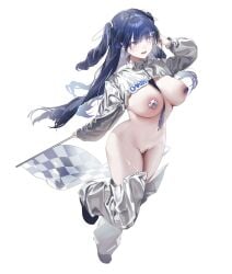 +_+ absurdres aen9kec areola_slip blue_eyes blue_hair blush boots breasts checkered_flag female flag groin highres holding holding_flag large_breasts looking_at_viewer navel necktie open_clothes open_mouth original pussy_juice race_queen revealing_clothes reverse_outfit shrug_(clothing) simple_background smile solo standing sweat thighhighs twintails white_background
