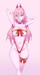 1girls 2021 arms_behind_head big_breasts blonde_hair breasts chainsaw_man choker christmas christmas_outfit demon demon_girl demon_horns female female_only hair hevn hips naked_ribbon neckwear power_(chainsaw_man) red_thong ribbon sharp_teeth simple_background solo solo_female thigh_strap thighs thong yellow_eyes
