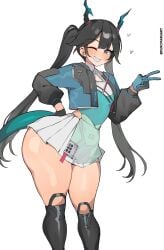 1girls arknights:_endfield ass blush bottom_heavy chen_qianyu_(arknights) cute dragon_girl female_focus female_only hand_on_hip horns huge_ass kuromaruart mostly_clothed peace_sign short_skirt skimpy_dress small_breasts smiling_at_viewer tail thick_thighs twintails wide_hips wink winking_at_viewer