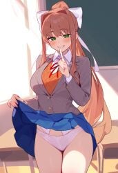 1girls ai_generated blush brown_hair clothes_lift doki_doki_literature_club female flashing_panties green_eyes hair_ribbon long_hair looking_at_viewer monika_(doki_doki_literature_club) pink_panties presenting presenting_panties shirt skirt skirt_lift smile smiling_at_viewer solo thighs