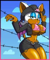 1girls barbed_wire bat_wings big_breasts bikini blu3danny blue_eyeshadow clothing cowboy_hat dark_skin denim_shorts female_only large_breasts nipple_bulge outside rouge_the_bat solo sonic_(series) tan thick_thighs thin_waist thong white_hair