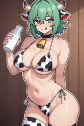 ai_assisted ai_generated bell_collar bikini cow_girl cow_print horns horns_girl milk_bottle