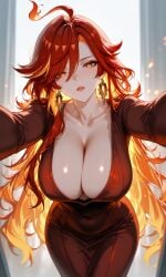 ai_generated big_breasts cleavage cleavage_focus cleavage_window curvy curvy_figure genshin_impact hoyoverse lust mavuika_(genshin_impact) mihoyo nipple_bulge red_eyes red_hair seductive seductive_look sexy sexy_body sexy_female thick_thighs tight_clothing