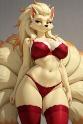 1girls ai ai_generated anthro big_breasts bra breasts brown_eyes ear female fox fox_ears fox_girl frosting.ai fur generation_1_pokemon lingerie looking_at_viewer low-angle_view low_angle ninetales nintendo nipple_outline non_nude panties pokemon pokemon_(species) red_bra red_eyes red_legwear red_lingerie red_panties red_underwear solo standing tail tails thick_thighs thighs tummy underwear yellow_body yellow_fur