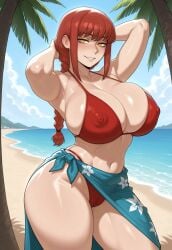 1girls ai_generated areola areolae beach before_sex bikin blush braided_ponytail cameltoe chainsaw_man covered_nipples curvy curvy_body eyelashes female female_focus flirting flirting_with_viewer huge_breasts inviting_to_sex juicy_body juicy_breasts juicy_tits large_breasts legs_apart long_hair makima_(chainsaw_man) milf nipples nipples_visible_through_bikini presenting red_bikin red_bikini red_hair remington34 ringed_eyes sarong seductive_look sidelocks smile thicc_thighs wide_hips yellow_eyes