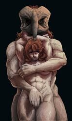 2girls abella_(fear_and_hunger) abs ardentdreamz artistic_nude artistic_nudity bare_arms bare_breasts bare_legs bare_midriff bare_shoulders chaugnar_(fear_and_hunger) covered_breasts covered_nipples dual_persona fear_and_hunger fear_and_hunger:_termina female female_only hazel_eyes looking_at_viewer monster_girl moonscorched muscular muscular_female muscular_thighs nonsexual nonsexual_nudity pale-skinned_female pale_skin pubes pubic_hair red_hair size_difference sweat sweatdrop tasteful tasteful_nudity unusual_anatomy