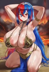 ai_generated alear_(fire_emblem) alear_(fire_emblem)_(female) areolae big_breasts blue_eyes blue_hair fire_emblem fire_emblem_engage red_eyes red_hair slave_leia_(cosplay) smiling smiling_at_viewer tharkica thick_thighs