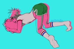 2d_(gorillaz) 2d_(humility) ass ass_focus ass_up blue_background blue_hair bulge bulge_through_clothing bulge_under_clothes clothed clothed_male fully_clothed gorillaz kneehighs kneesocks male male_focus male_only non-binary pink_background questionable shorts suggestive suggestive_pose suggestive_posing