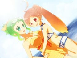 2girls bad_id bad_pixiv_id bikini female female_focus female_only glasses green_eyes green_hair gumi megpoid_gumi red_eyes red_hair sf-a2_miki swimsuit synthesizer_v vocaloid