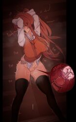 1boy 1girls arms_up blush bottomless cum cum_in_pussy cum_inside doki_doki_literature_club exspiravitbag female long_hair looking_pleasured male monika_(doki_doki_literature_club) ponytail standing standing_sex stomach_bulge thighhighs vaginal_penetration x-ray