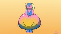 16:9 2_horns anthro belly big_belly bladder_bulge bladder_inflation blue_body bodily_fluids closed_eyes female generation_8_pokemon genital_fluids gradie gradient_background hand_on_belly hand_on_own_belly heart_(marking) horn huge_belly hyper hyper_belly hyper_omorashi indeedee knock-kneed markings nintendo omorashi pink_body pinkoshawott pokemon pokemon_(species) shaking simple_background trembling urine watersports widescreen yellow_body yellow_horn