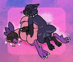 alien anthro avian balls beak bird black_body black_fur blush claws collar collar_only colored digital_drawing_(artwork) digital_media_(artwork) dol_rin_(character) duo female flat_colors from_behind_position fur genitals hand_on_legs hi_res looking_at_another looking_at_partner looking_pleasured lying male male/female motion_lines nude open_beak open_mouth otterjunk penetration pink_body pink_fur plap purple_legs raised_tail rear_view sex simple_background sound_effects spiked_collar spikes tail text vaginal_penetration