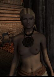 1girls 3d blonde_hair female female_only game_screenshot mod skyrim slave slave_girl solo topless topless_female