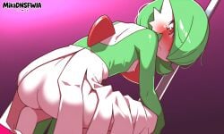 ai_generated ass_focus back blush female flat_chest from_behind frown gardevoir green_hair green_skin looking_at_viewer looking_back mikadnsfwia nipples pokemon pokemon_(creature) red_eyes sirnight solo squatting stripper_pole two-tone_skin white_skin